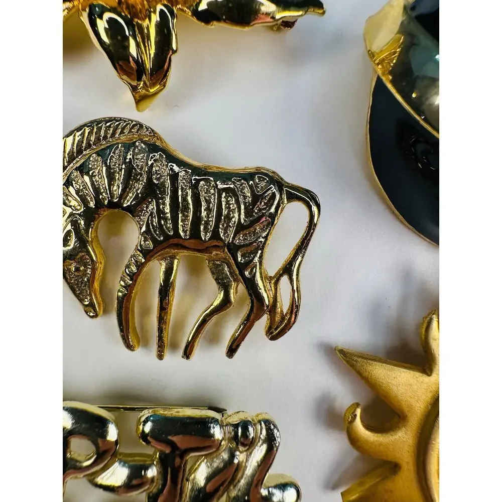 Vintage Goldtone and Rhinestone Brooch Pin Bundle Zebra, Top Hat, Rose